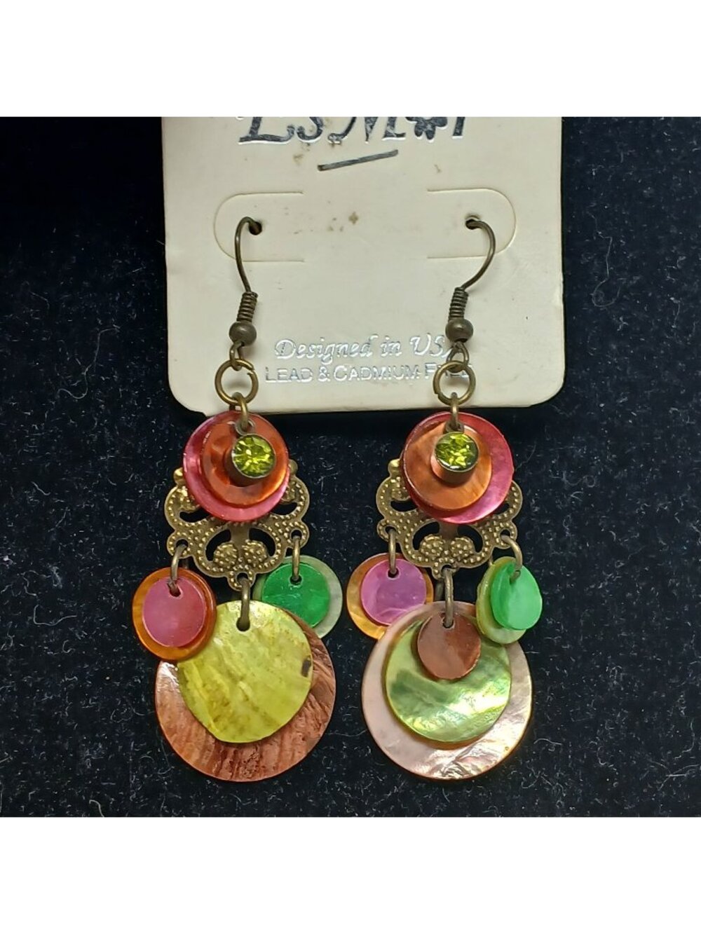 EsMor Multicolor Dangling Shell Earrings Rhinestones  Fun Boho Style  2.5" L #J8